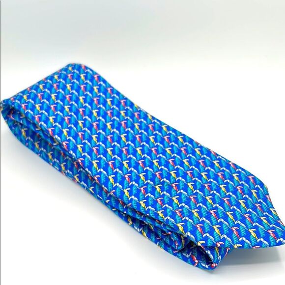 J. McLaughlin Blue and Yellow Silk Tie - Toucan print - Tropical Bird - Picture 1 of 5
